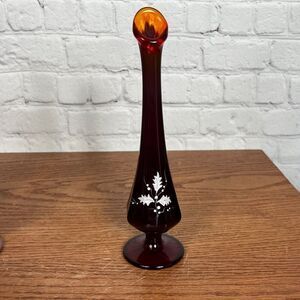 Vintage Fenton Ruby Red Holly Pedestal Vase - Signed and Stamped